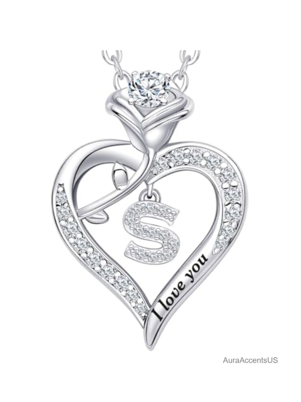 Sterling Silver Moissanite Heart Pendant Necklace I Love You Engraved Gift